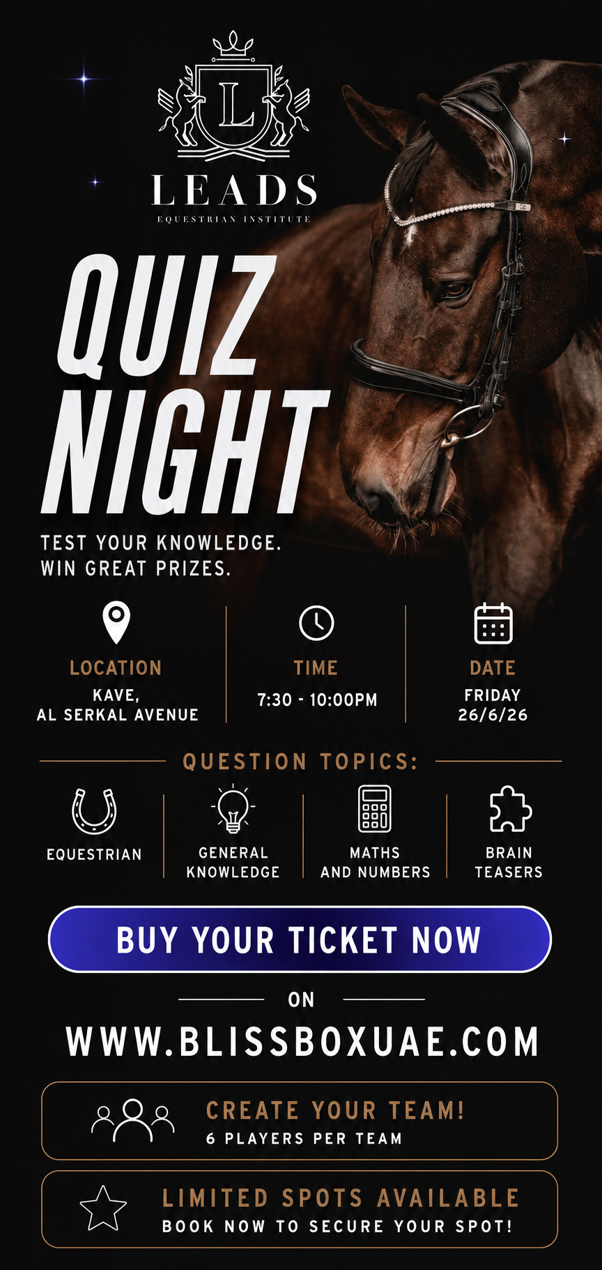 Leads Equestrian Quiz Night Tickets 26.6.26 (1 Table - 6 Players)